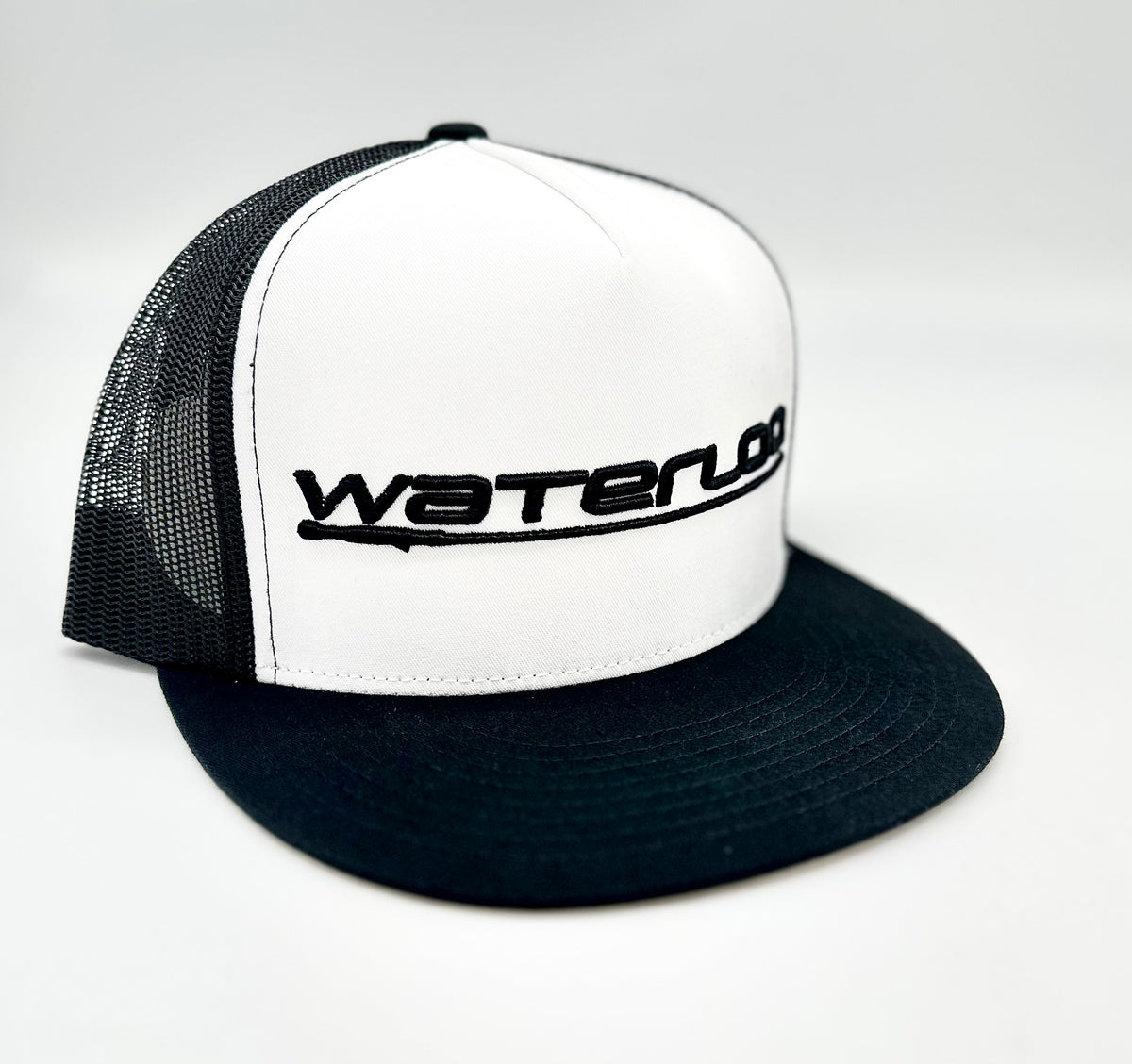 Waterloo Black and White Flat Bill Cap Performance Logo Waterloo Rods