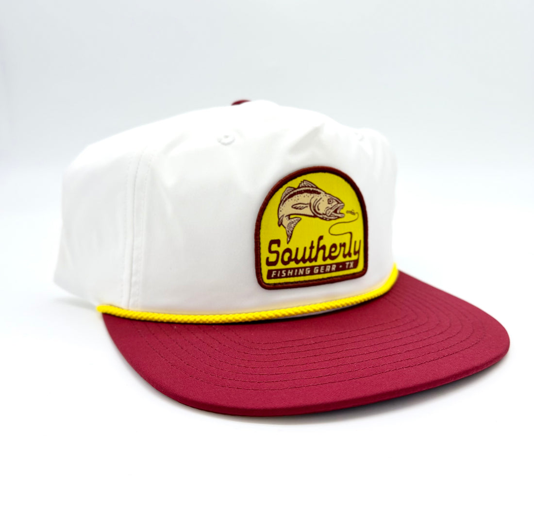 Southerly White, Maron, and Yellow Rope Cap - Retro Badge