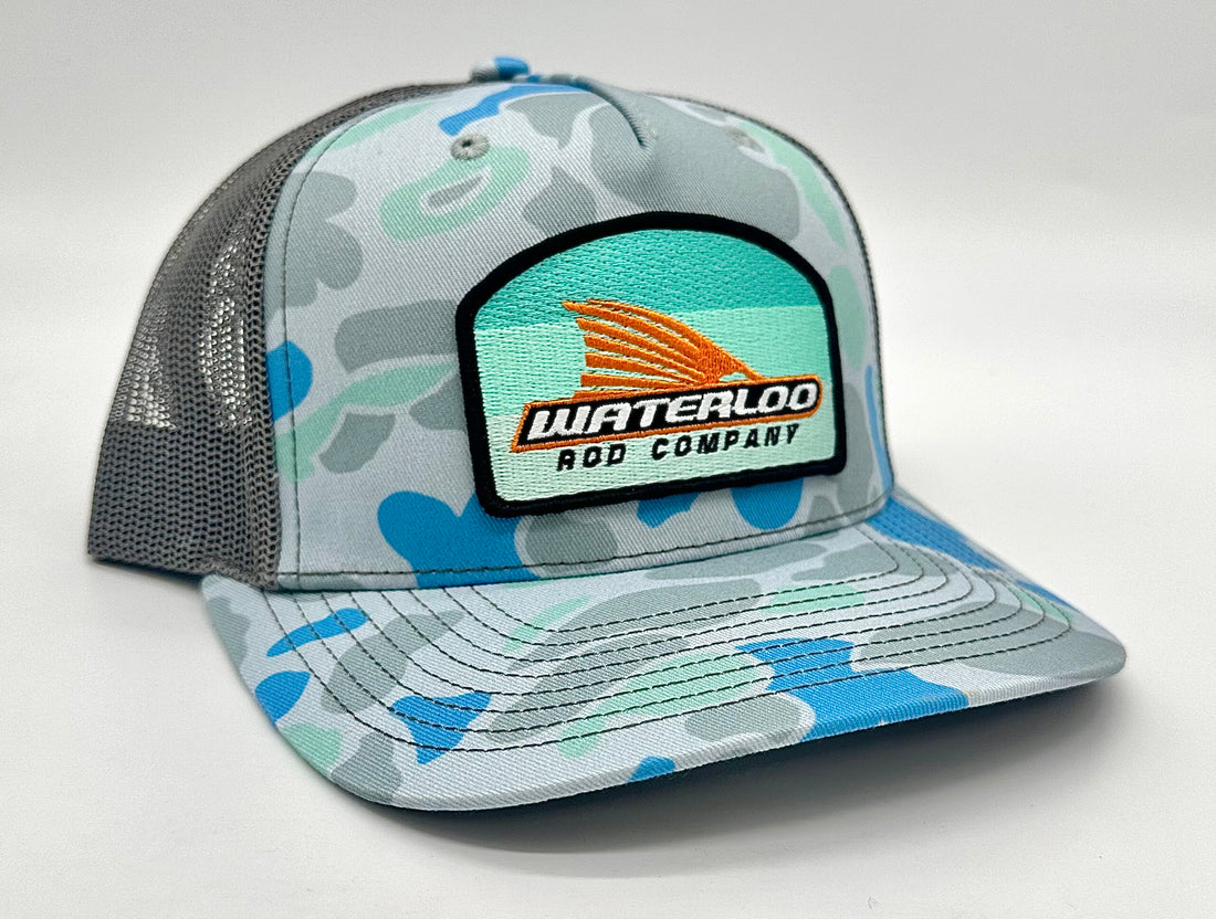 Waterloo Saltwater Duck Camo and Charcoal Cap - Blue Tails Up Patch