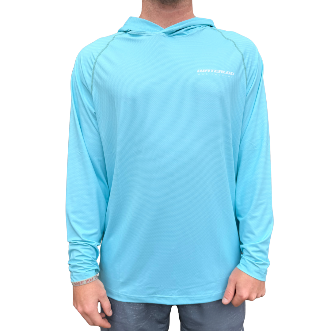 Waterloo Light Blue Long Sleeve Performance Hoodie - Redfish Strike ...