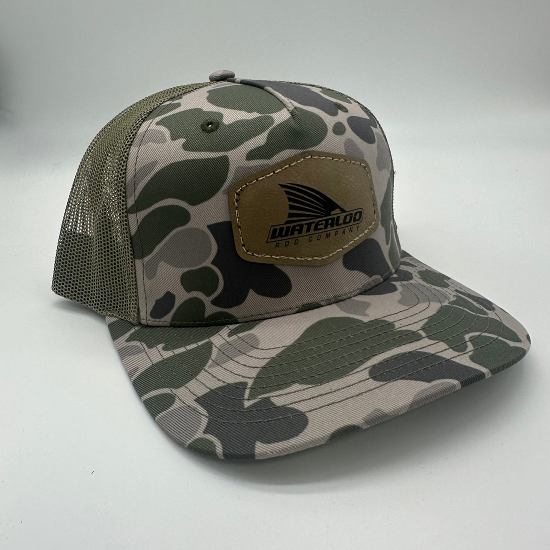 Waterloo Marsh Duck Camo and Loden Cap - Tan Tails Up Leather Patch