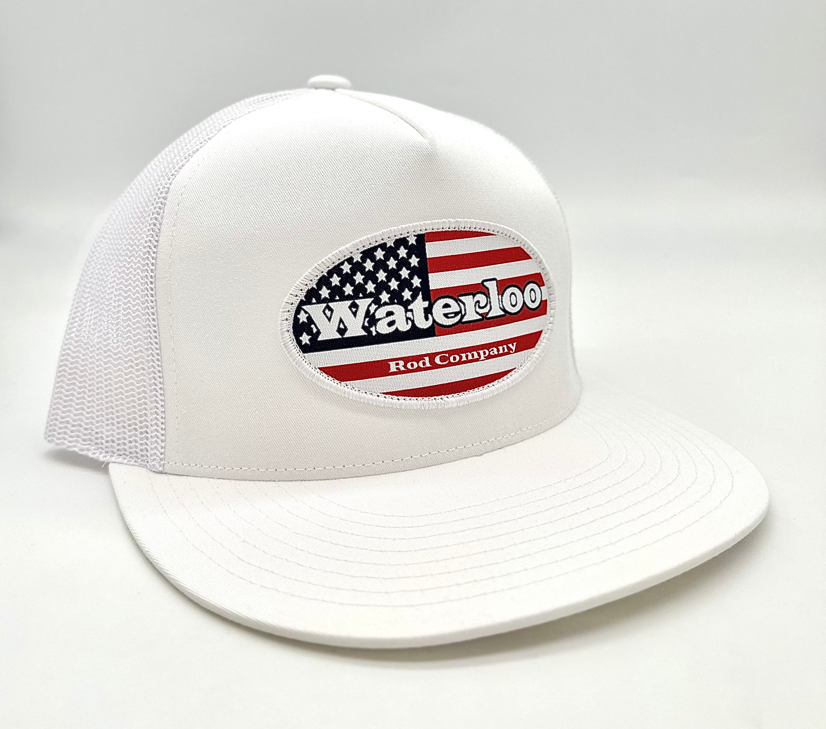 Waterloo White Flat Bill Cap Flag Patch Waterloo Rods