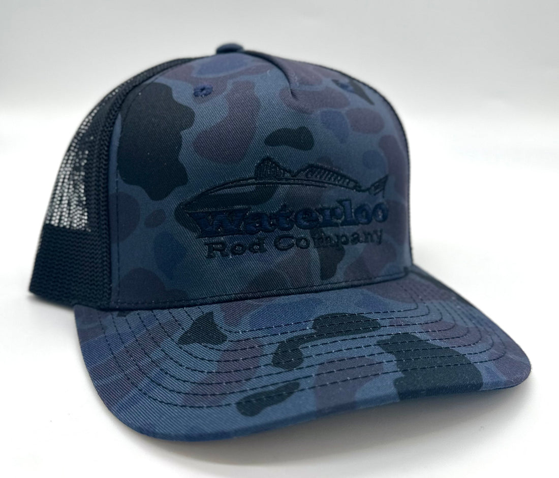 Waterloo Admiral Duck Camo and Black Cap -Red Fish Logo