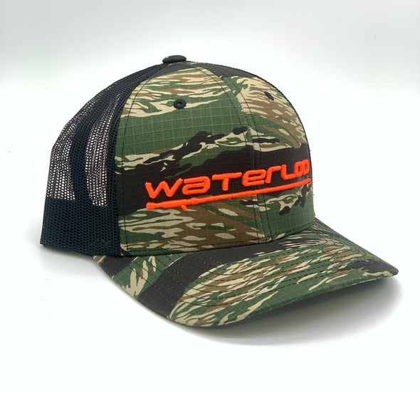 Waterloo Tiger Camo and Black Cap - Bright Orange Performance Logo